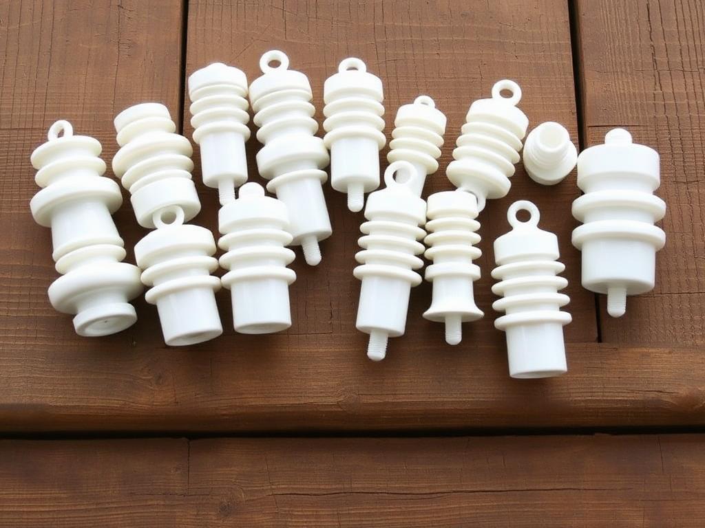 Olika isolatorer i plast och porslin på trädäck
