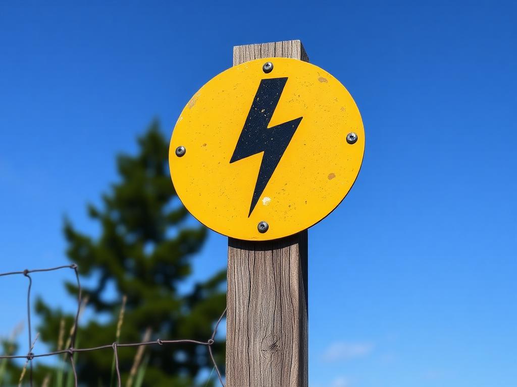 Gul varningsskylt för elstängsel på en trästolpe mot blå himmel